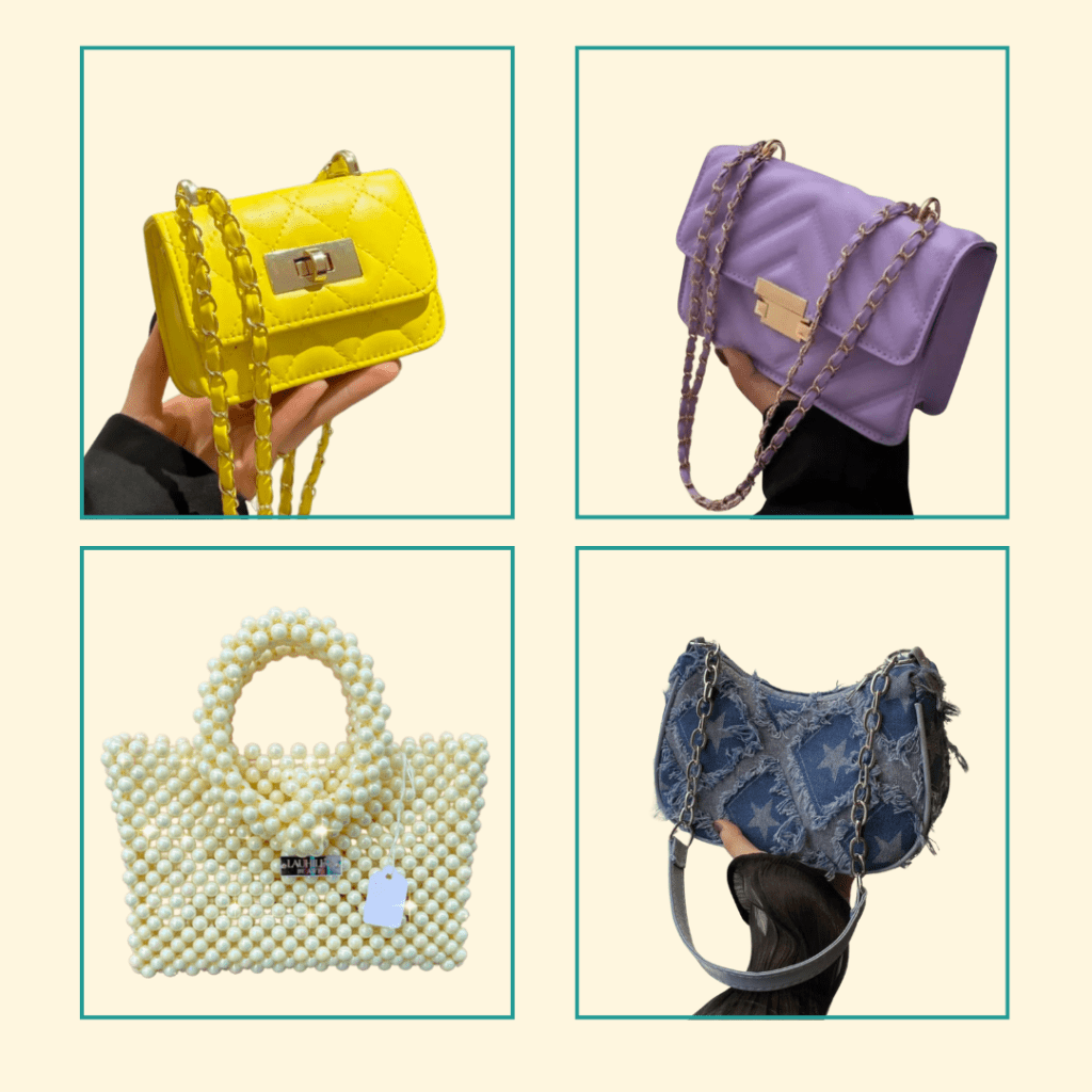 A collage of four trendy handbags: a yellow mini bag, a purple quilted bag, a white pearl bag, and a blue denim bag with stars.